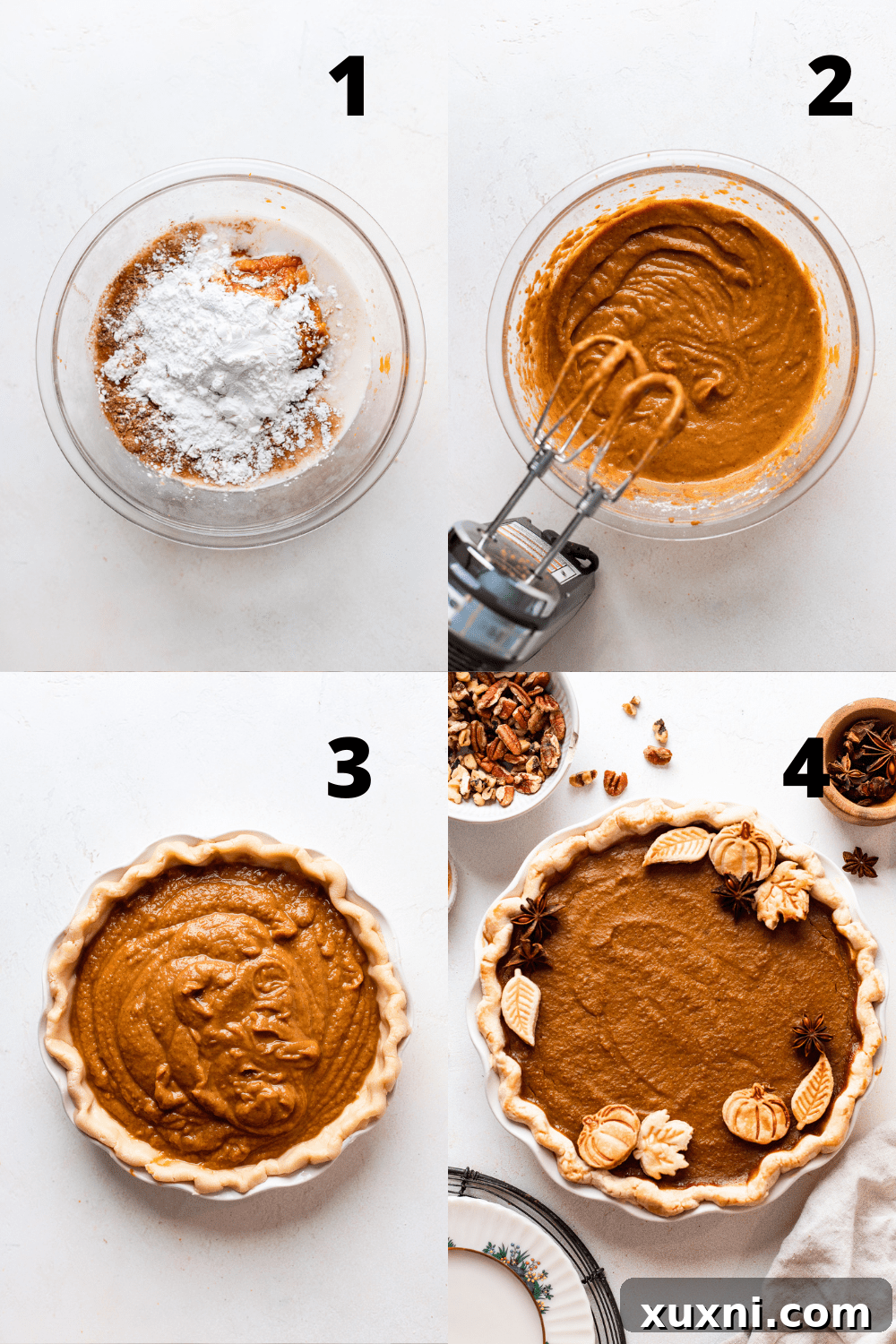 Ingredients being mixed for the vegan pumpkin pie filling.