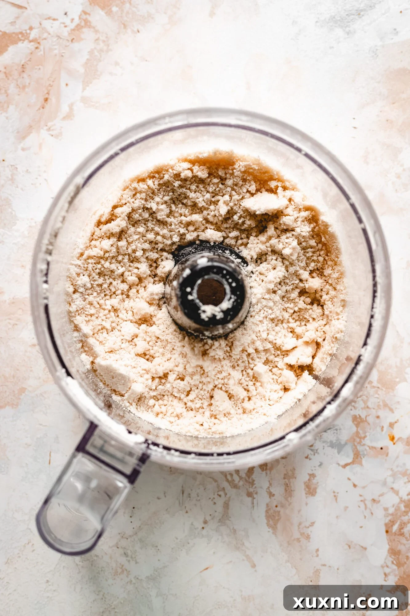 Easy Flaky Vegan Pie Crust The All-Vegan Butter Method 4 Pie dough being prepared in a food processor, showing the initial mixing stage.