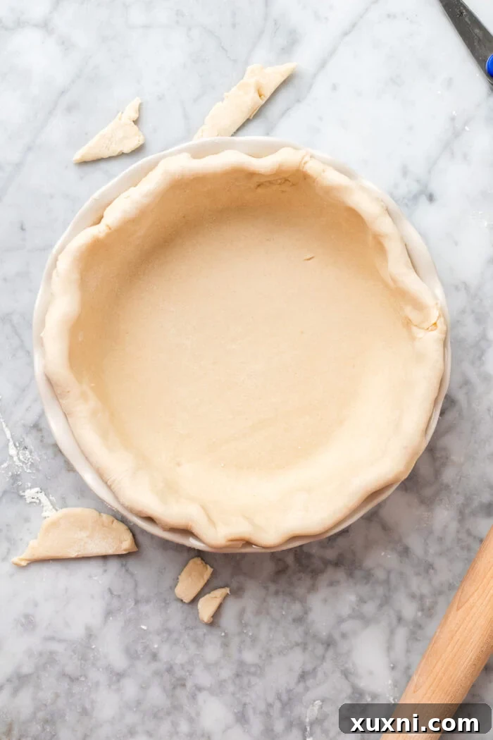 Easy Flaky Vegan Pie Crust The All-Vegan Butter Method 9 Pie dough in a dish, showing the excess dough before trimming and crimping.