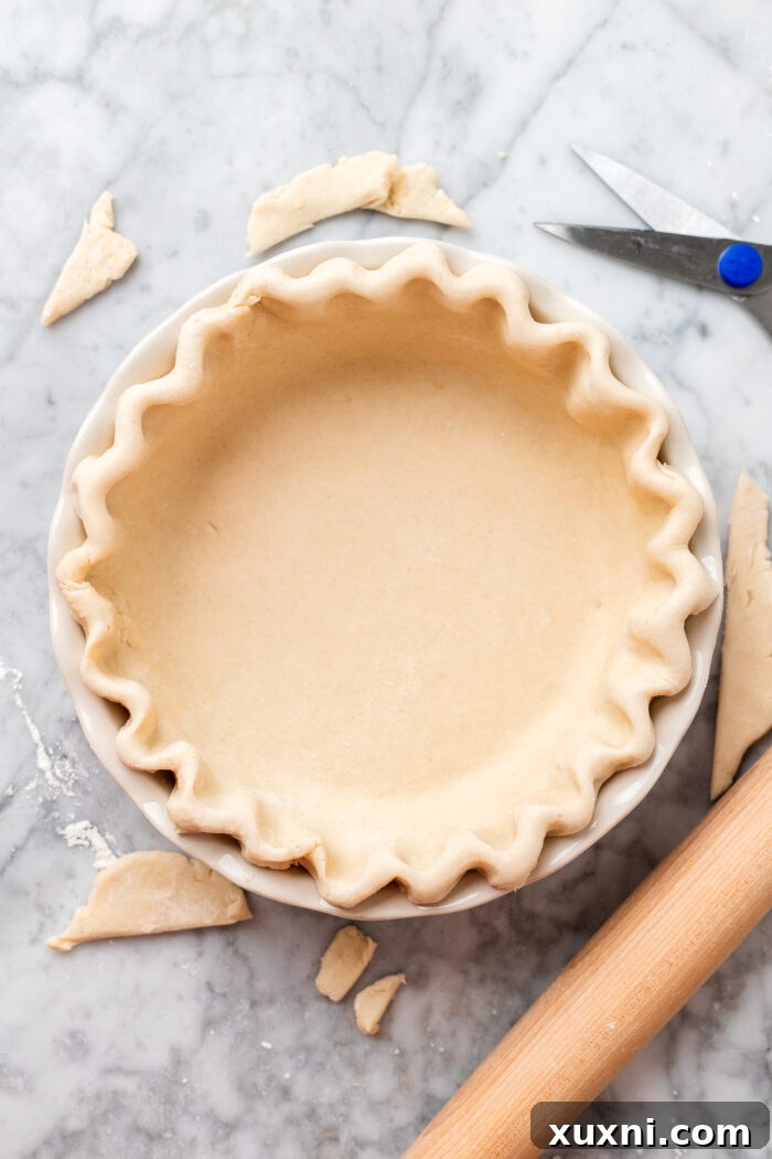 Easy Flaky Vegan Pie Crust The All-Vegan Butter Method 10 Finished pie crust with crimped edges, ready for filling and baking.