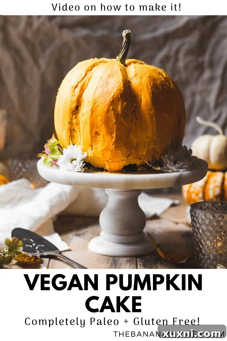 Pinterest image for saving the vegan gluten-free chocolate pumpkin cake recipe, featuring a beautiful top-down view of the cake.