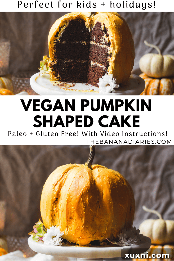 Another Pinterest image for the vegan gluten-free chocolate pumpkin cake, showing a lovely display of the whole cake.