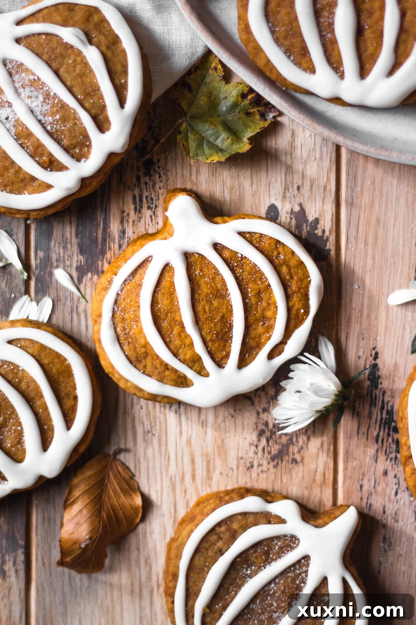 soft pumpkin sugar cookie with vanilla icing