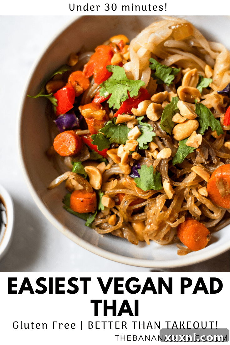 Another Pinterest image for vegan Pad Thai, encouraging users to save the recipe, featuring a different angle of the dish.