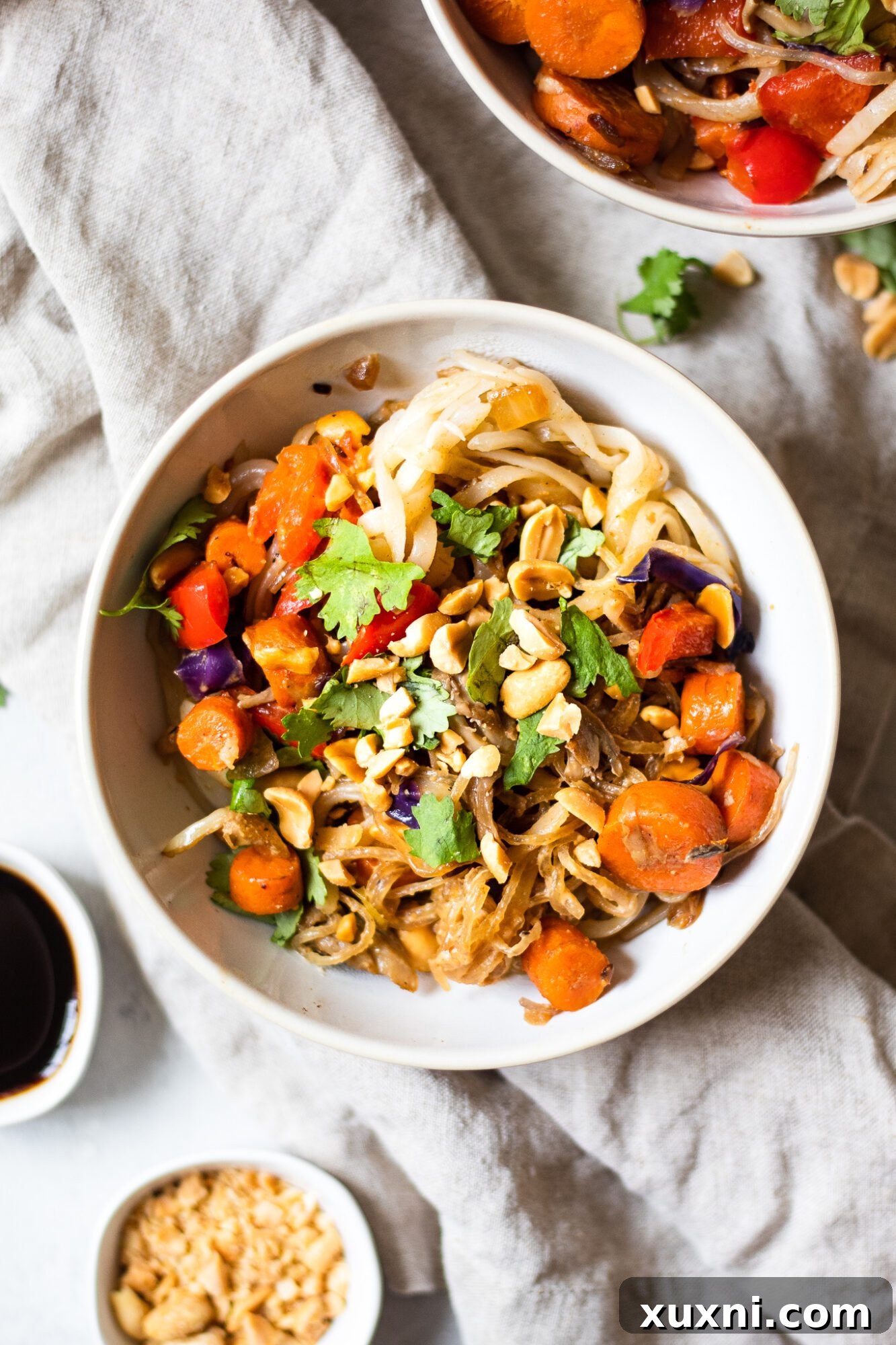 A close-up of a single bowl of vegan Pad Thai, garnished with fresh cilantro and crushed peanuts, ready for enjoyment.