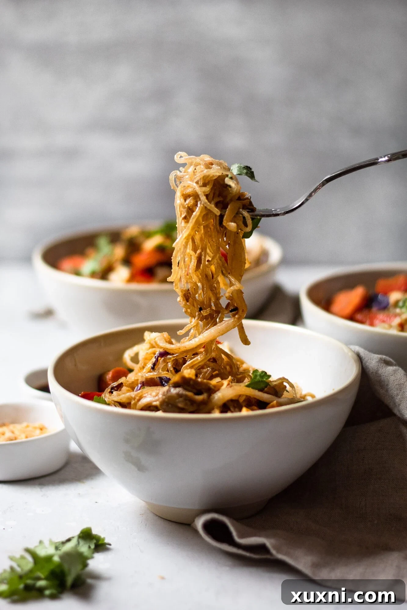 A fork picking up a generous portion of vegan Pad Thai noodles from a bowl, highlighting the dish's texture.