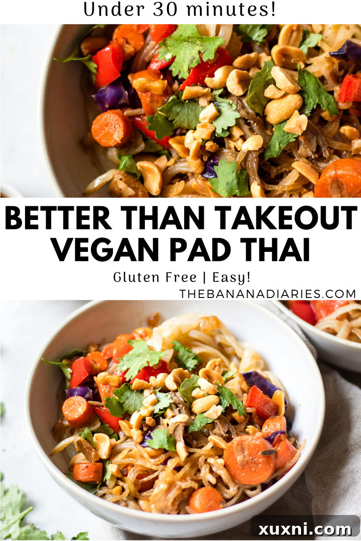 A beautifully designed Pinterest image featuring the vegan Pad Thai recipe title and an enticing photo, perfect for saving.