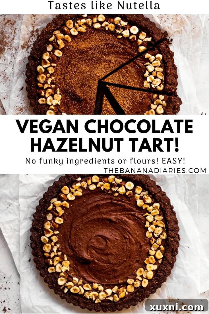 Pinterest image featuring a delicious vegan chocolate hazelnut tart with its ingredients and a call to save the recipe
