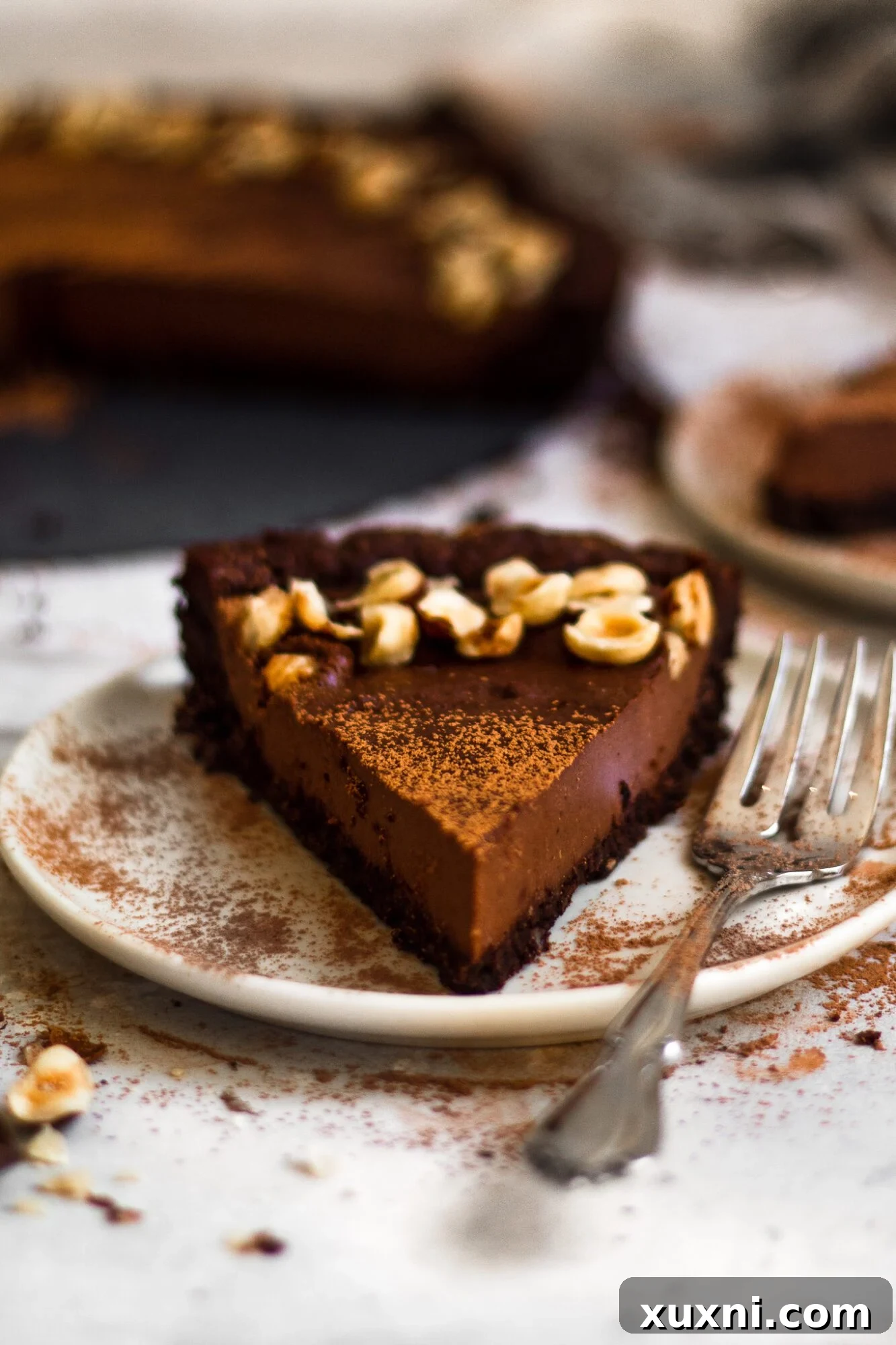 A single slice of vegan chocolate hazelnut tart garnished with crushed hazelnuts, ready to be enjoyed