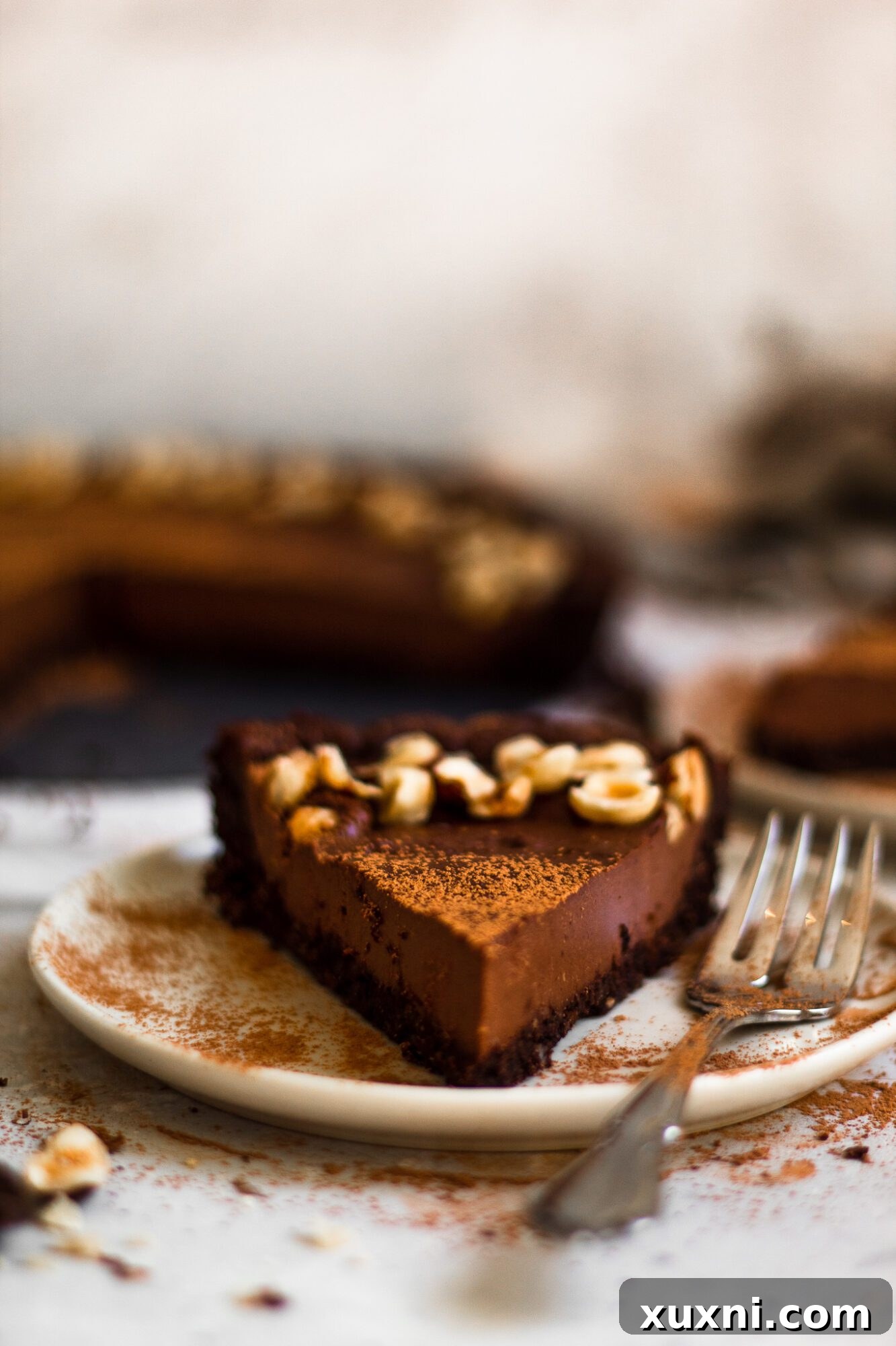 Close-up of a single slice of vegan chocolate hazelnut tart, showcasing the rich filling and crunchy crust texture