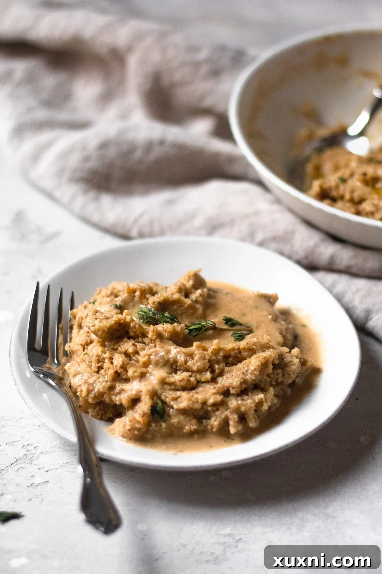 plate of cauliflower mash with vegan gravy
