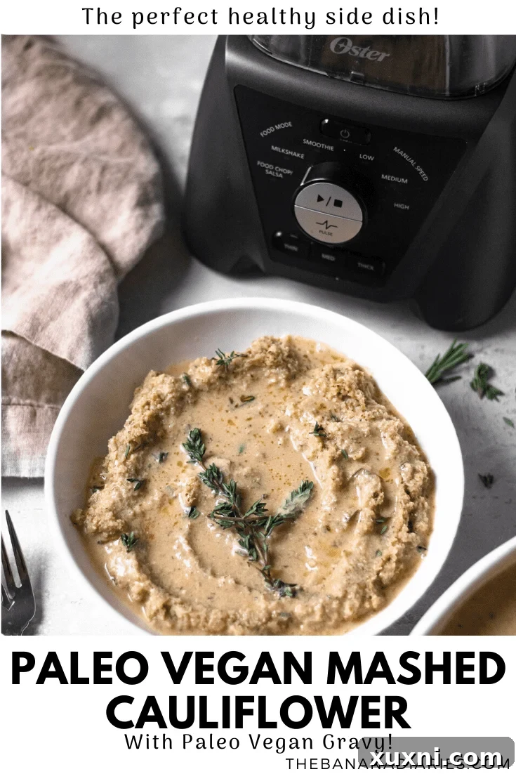 Pinterest graphic for Vegan Mashed Cauliflower with Paleo Gravy