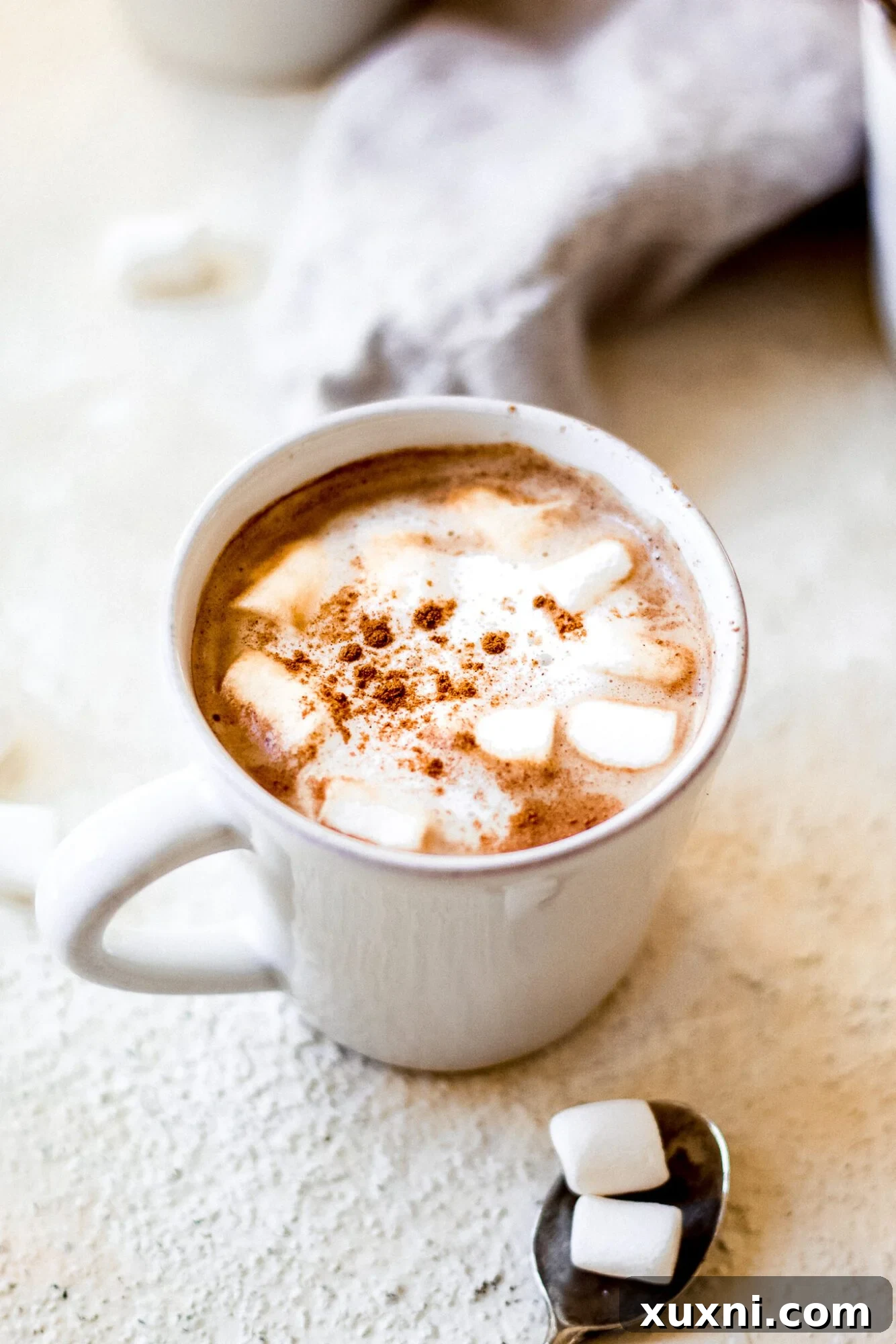 Close-up of a mug with healthy homemade mocha, topped with marshmallows