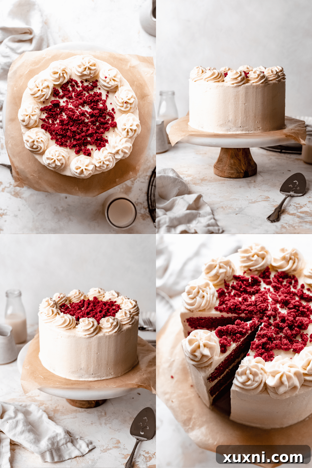 A beautifully decorated vegan red velvet cake, showing the finished product with smooth frosting.