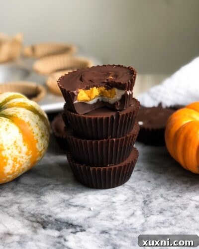 Delicious Vegan Pumpkin Coconut Butter Cups lined up, showcasing the rich chocolate shell and creamy pumpkin filling.