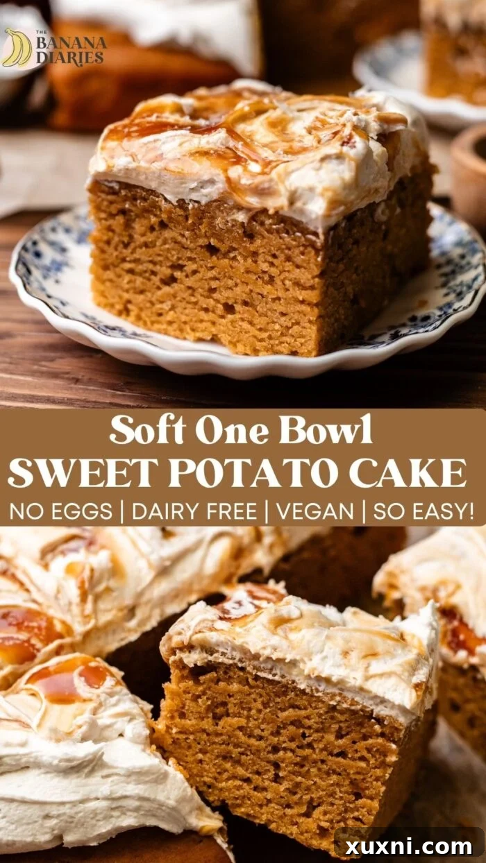A stunning Pinterest pin image for the One Bowl MOIST Vegan Sweet Potato Cake, featuring a perfectly sliced cake.