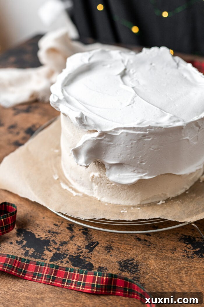 A magnificent vegan spice cake topped with toasted marshmallow meringue, ready for serving.