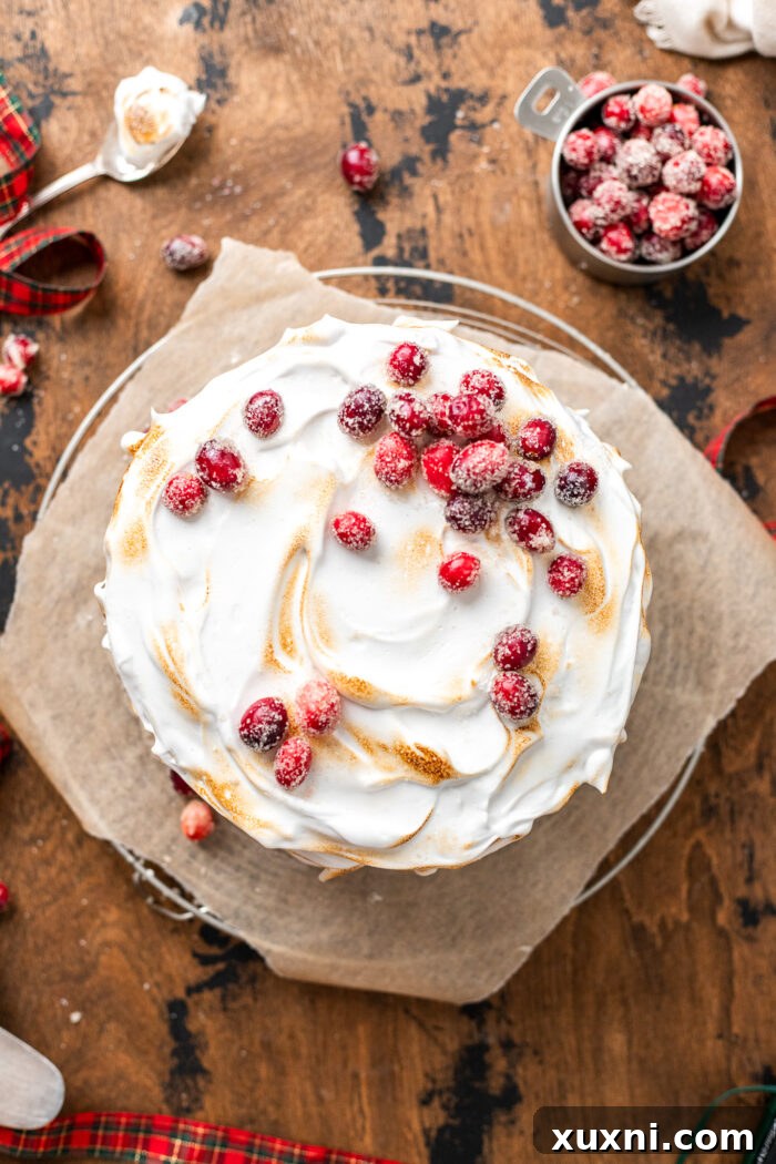 A stunning sweet potato spice cake finished with toasted meringue and sugared cranberries, elegantly presented on parchment paper.