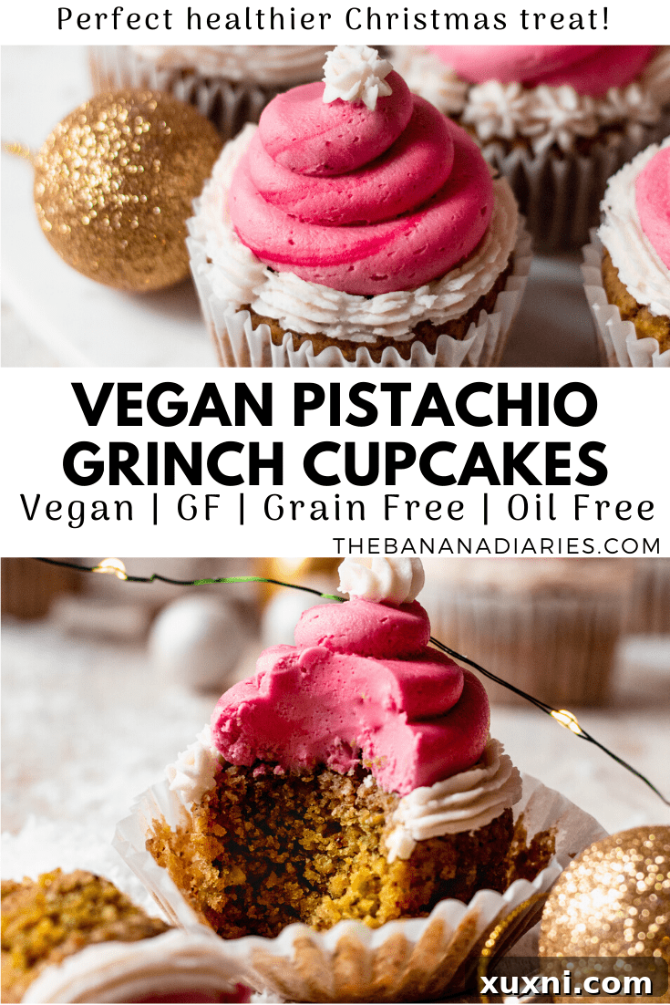 Festive Vegan Pistachio Santa Hat Cupcakes 13 A Pinterest pin featuring green and red pistachio cupcakes with Santa hat frosting, encouraging users to save the recipe.