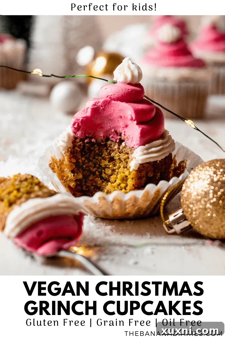 Festive Vegan Pistachio Santa Hat Cupcakes 15 A Pinterest pin design showcasing the festive vegan pistachio Grinch cupcakes with Santa hats, encouraging readers to save the recipe for holiday baking inspiration.