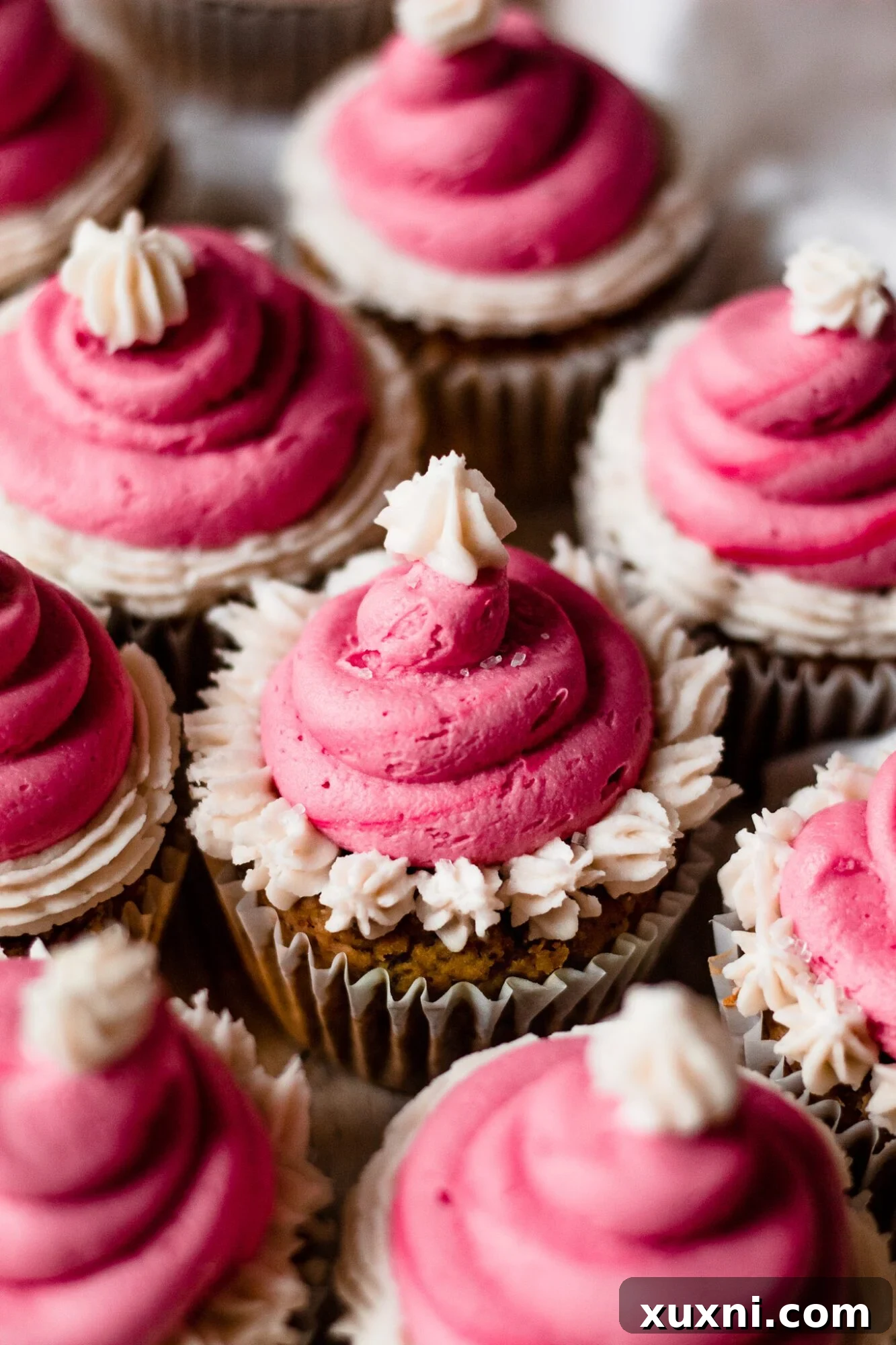 Festive Vegan Pistachio Santa Hat Cupcakes 4 A close-up of a vegan pistachio cupcake featuring a soft green cake and a swirl of pink-tinted vegan buttercream frosting, hinting at the Santa hat design.