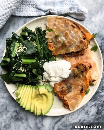 Delicious vegan sweet potato quesadilla, golden brown and perfectly folded.