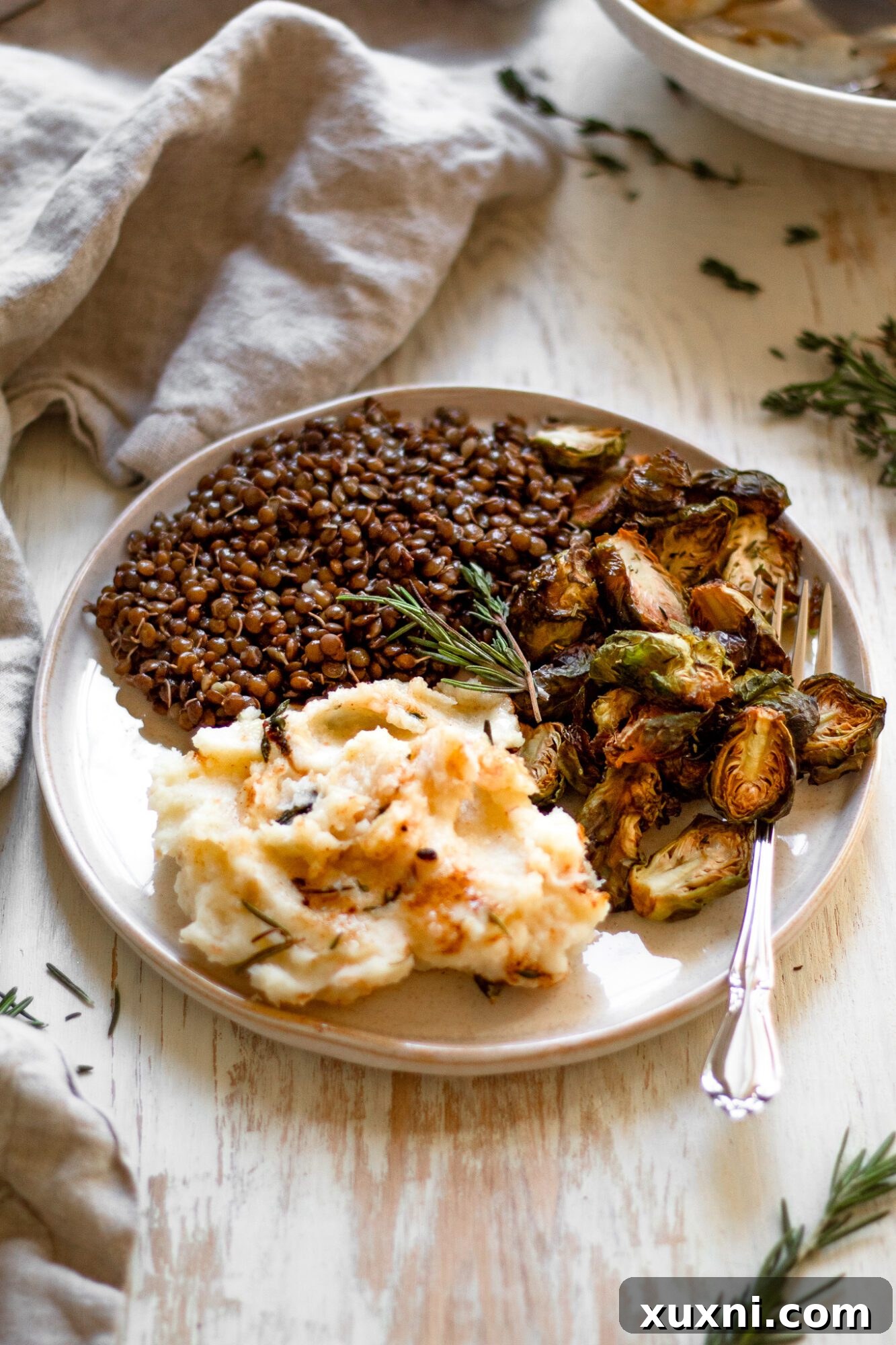 side angle view of mashed potatoes and lentils on a plate