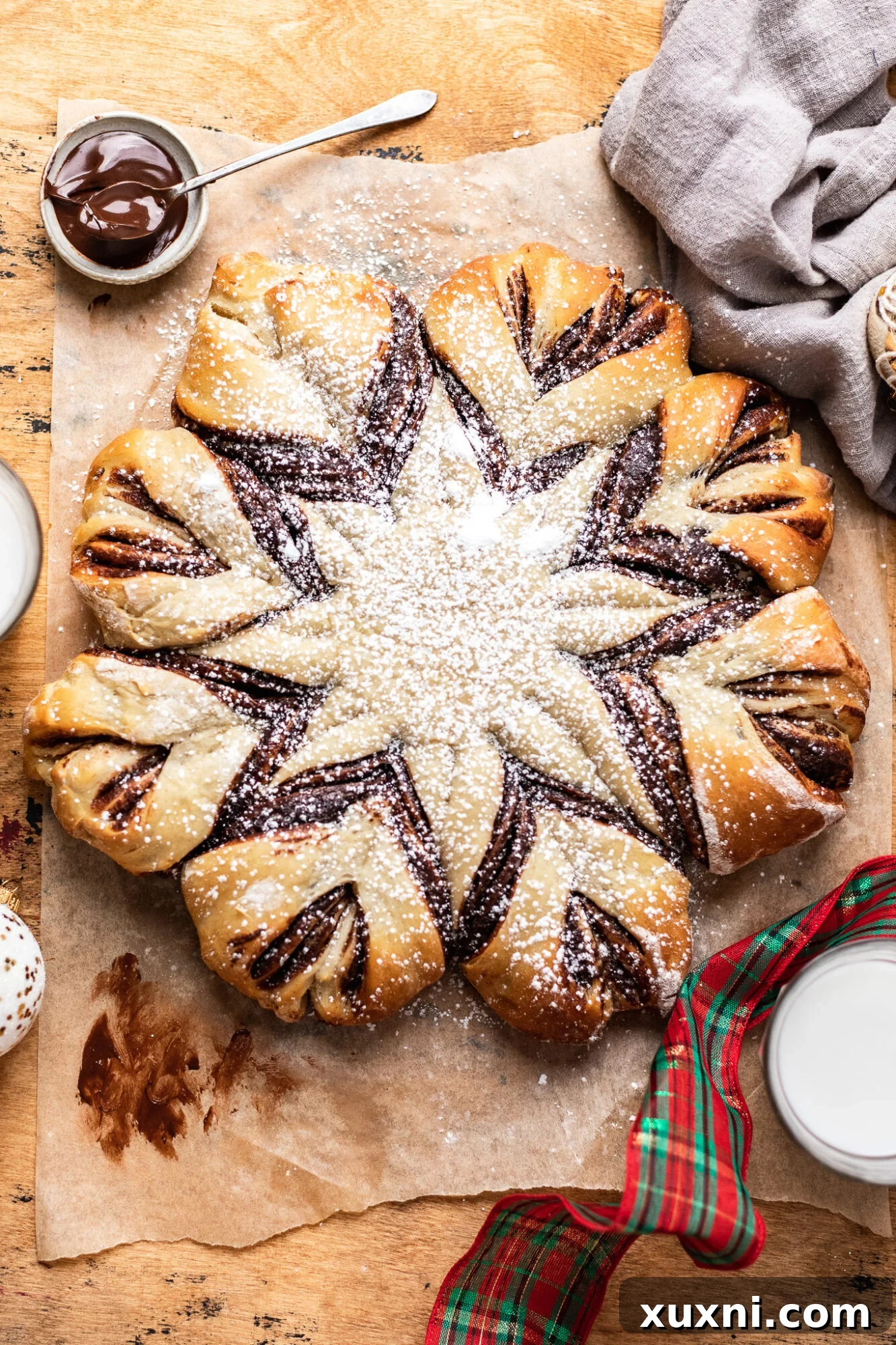 Beautifully baked vegan chocolate hazelnut star bread, perfect for holiday breakfast