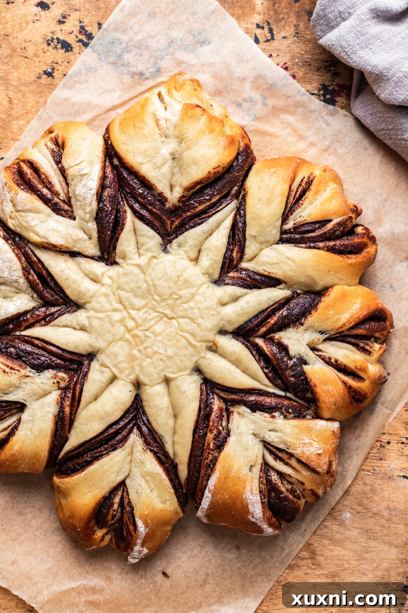 Freshly baked Christmas star bread, golden and inviting