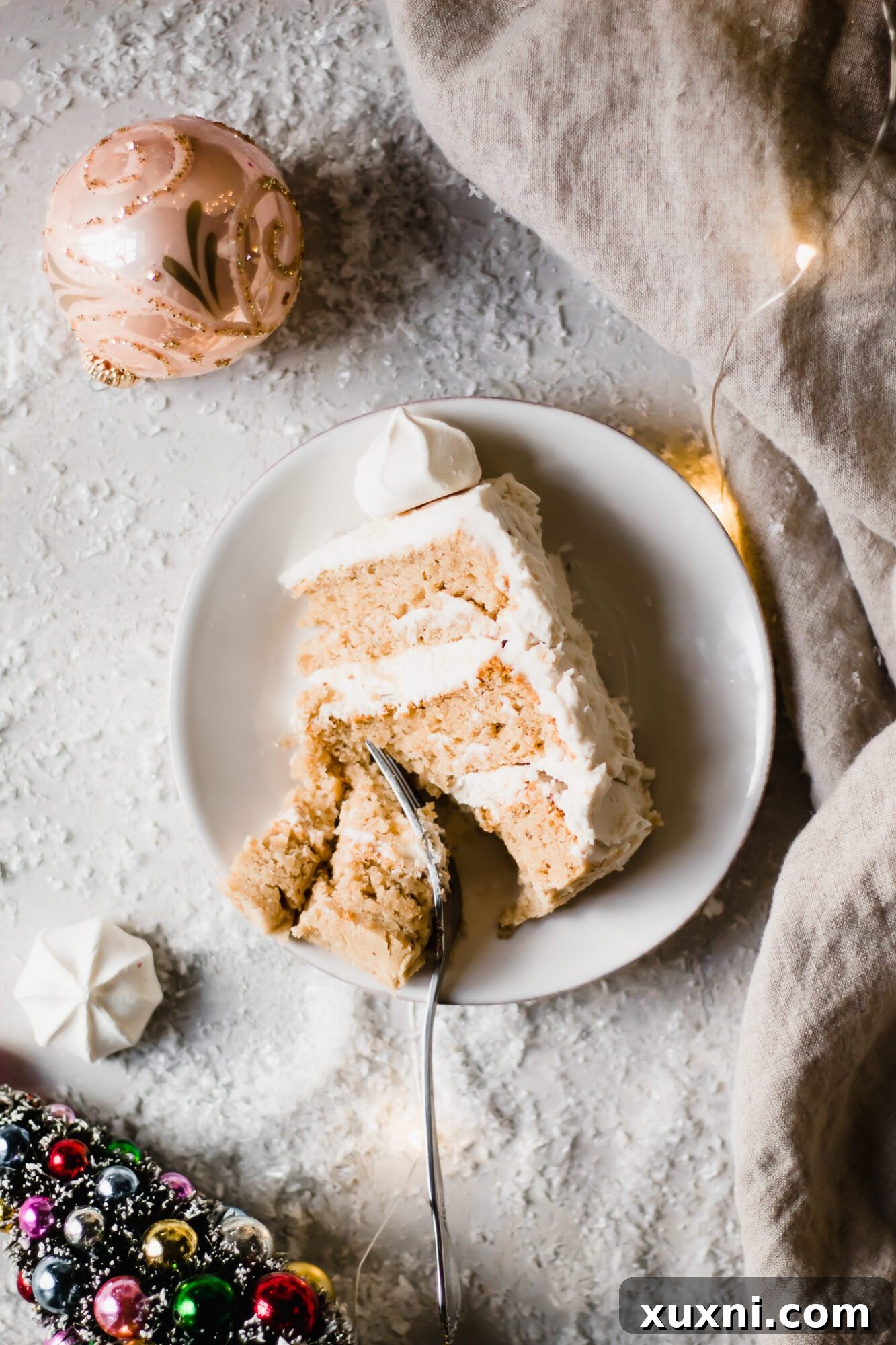 bite taken from eggnog cake