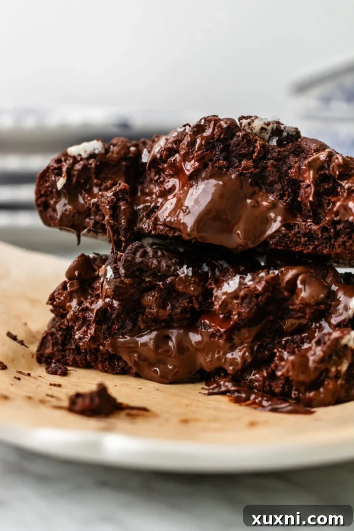 Giant single-serve dairy-free Nutella-stuffed Oreo double chocolate chip cookie, broken in half to reveal its gooey Nutella center and stacked on a plate.