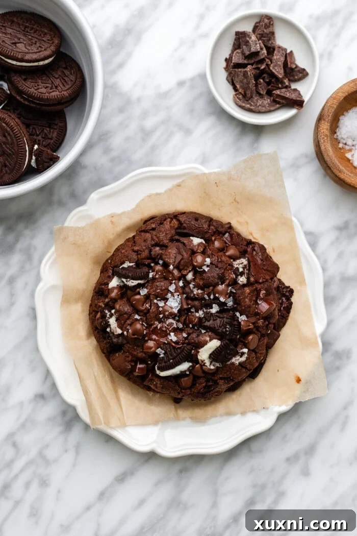 A perfectly baked, giant single-serve dairy-free Nutella-stuffed Oreo double chocolate chip cookie on a plate, ready to be enjoyed.
