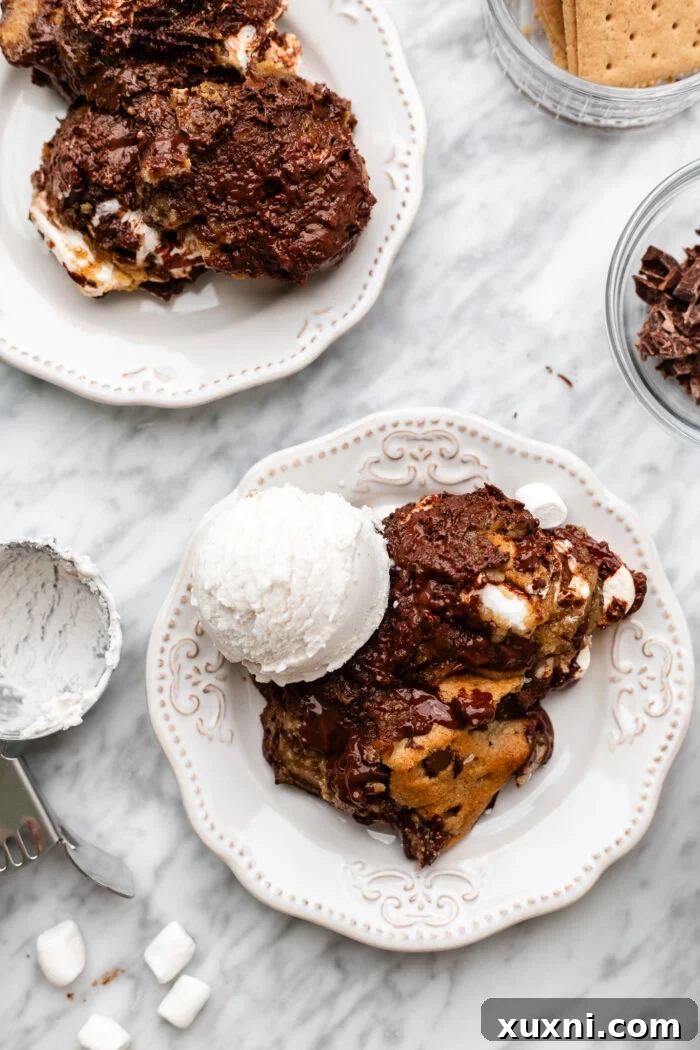 A scoop of the vegan s'mores cookie on a plate, revealing its molten center.