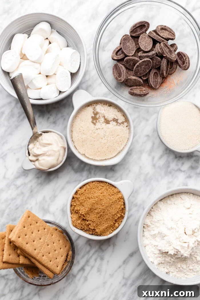 Arrangement of key vegan s'mores scoopable cookie ingredients: flour, sugars, butter, chocolate, marshmallows, and graham crackers.