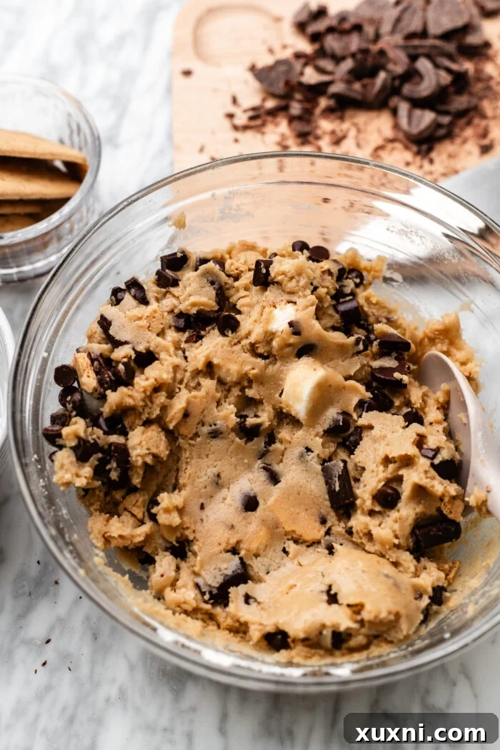 Finished vegan scoopable cookie dough in a bowl, ready for mix-ins.