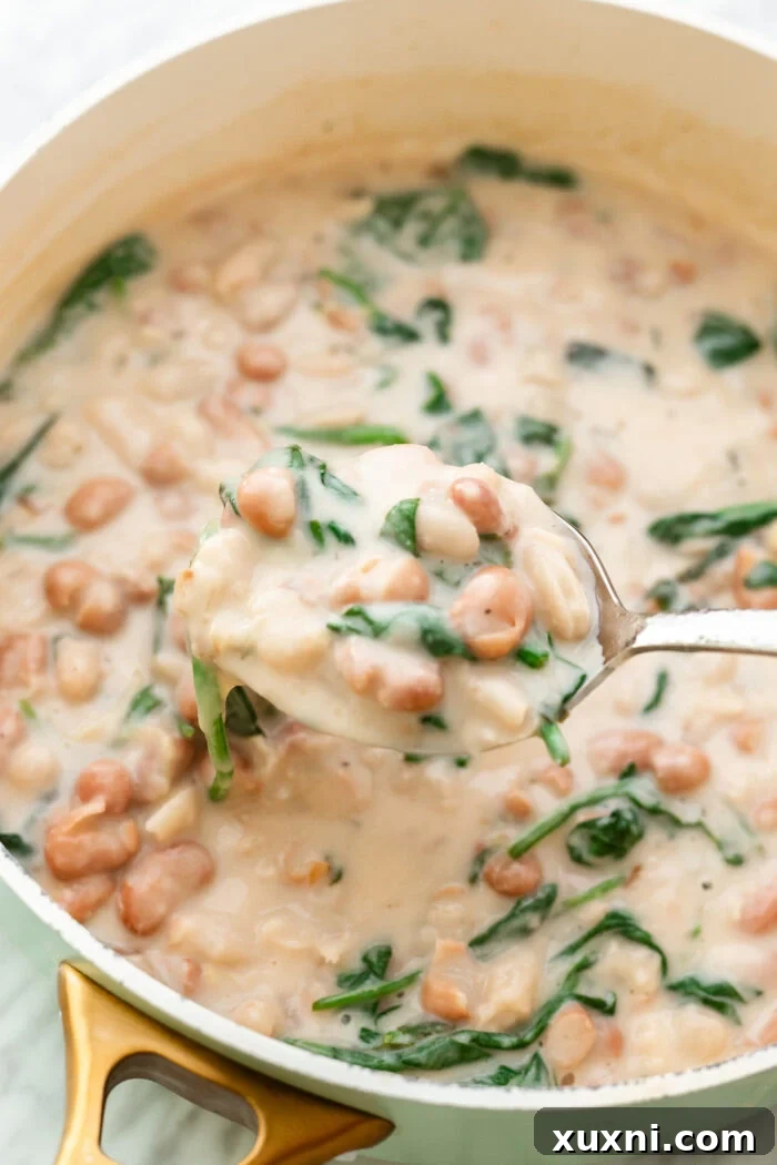 Lemony Creamy Butter Beans with Spinach in a rustic pot, garnished with fresh herbs, ready to be served.
