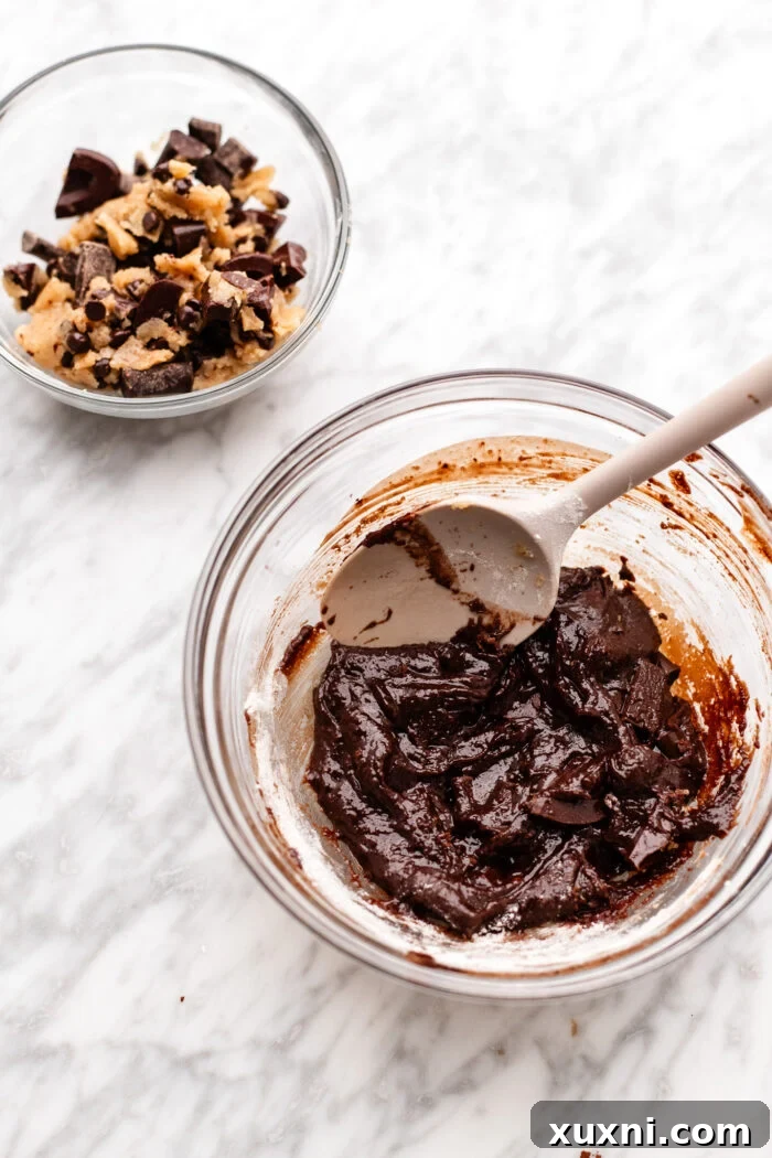 making the brownie and the cookie dough