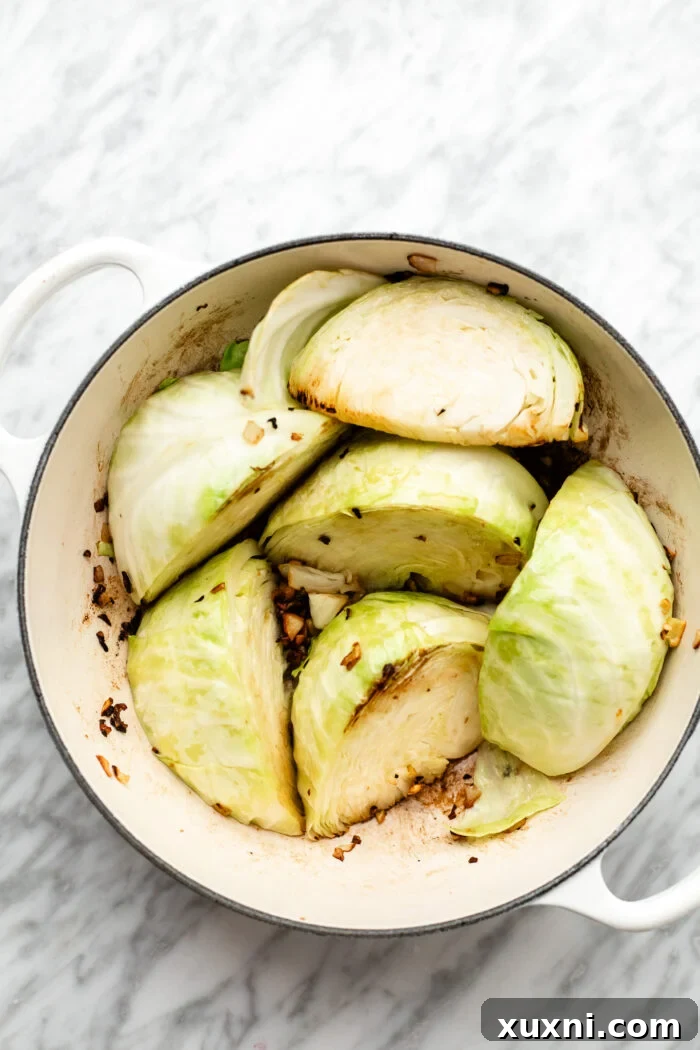 searing the cabbage