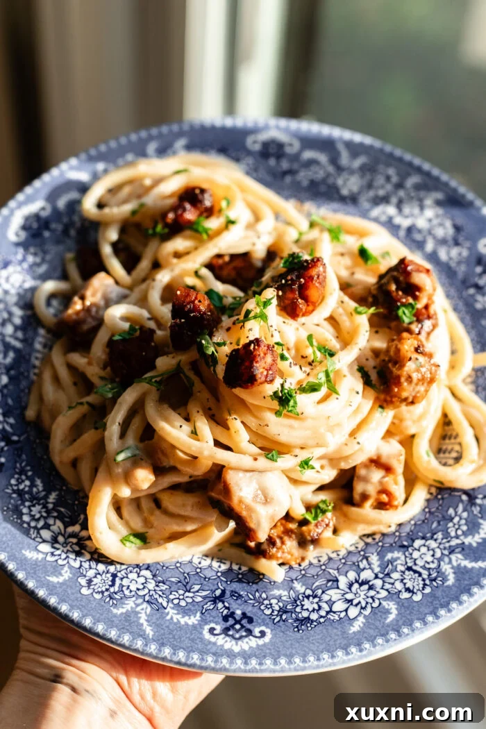 plate of vegan carbonara pasta