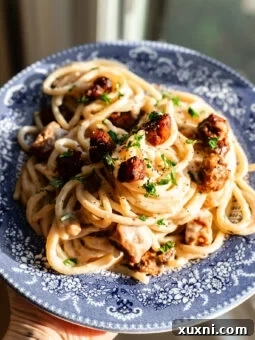 plate of vegan carbonara pasta