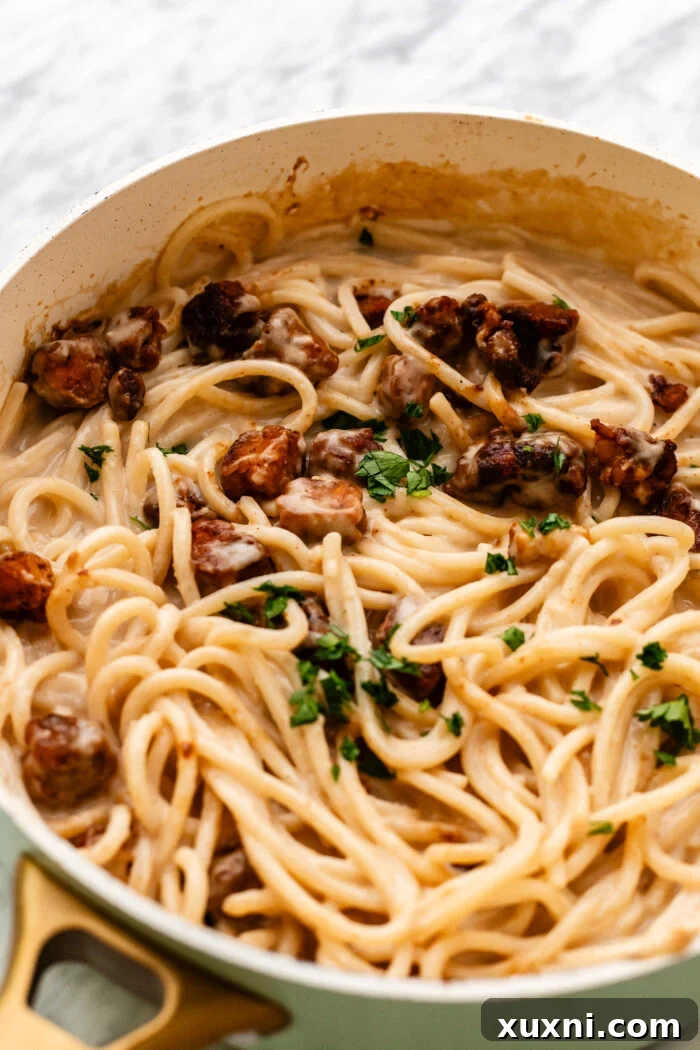 close up of carbonara pasta in a sauce pan