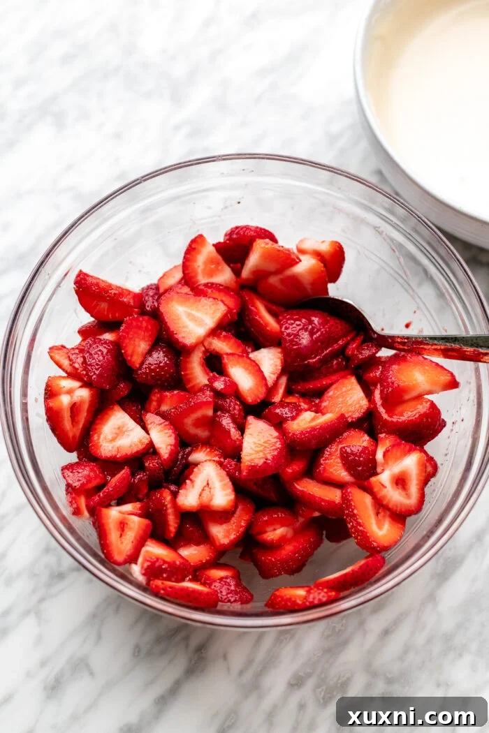 Vegan Strawberry Cheesecake Cobbler Recipe for Summer Desserts 7 macerated strawberries