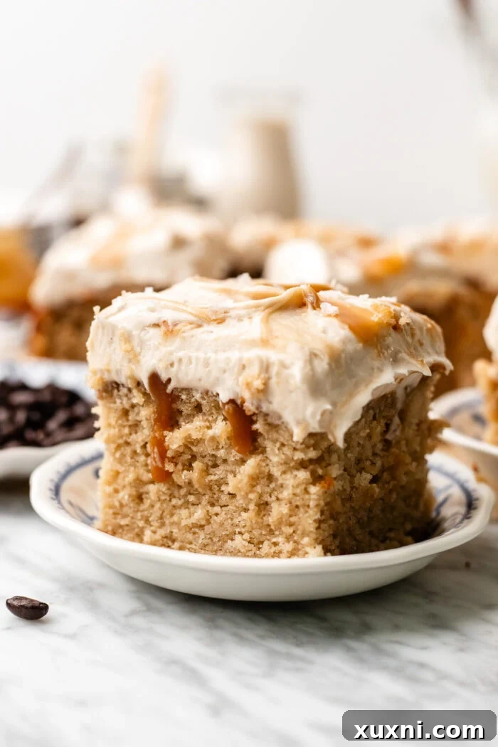 Moist Salted Caramel Latte Cake — Vegan Recipe 2 salted caramel latte cake slice on a plate